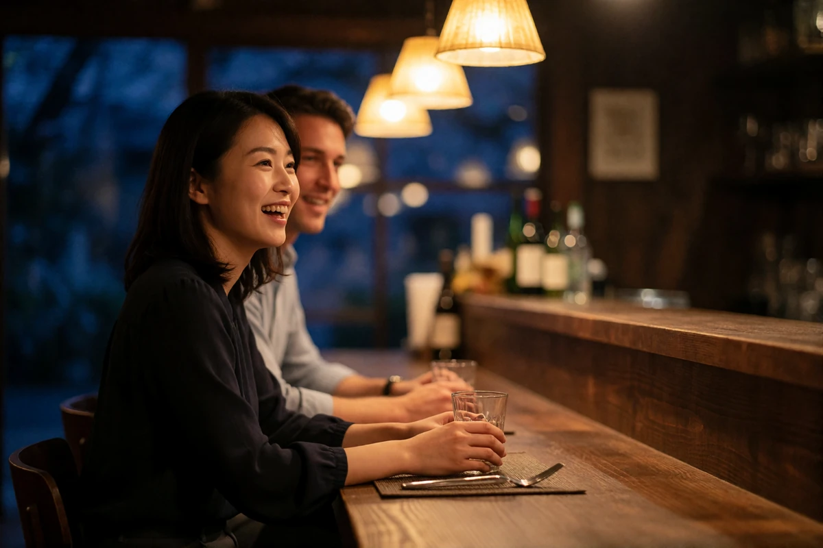 Japanese woman laughing with her Western partner at a narrow wooden counter in an upscale evening dining spot