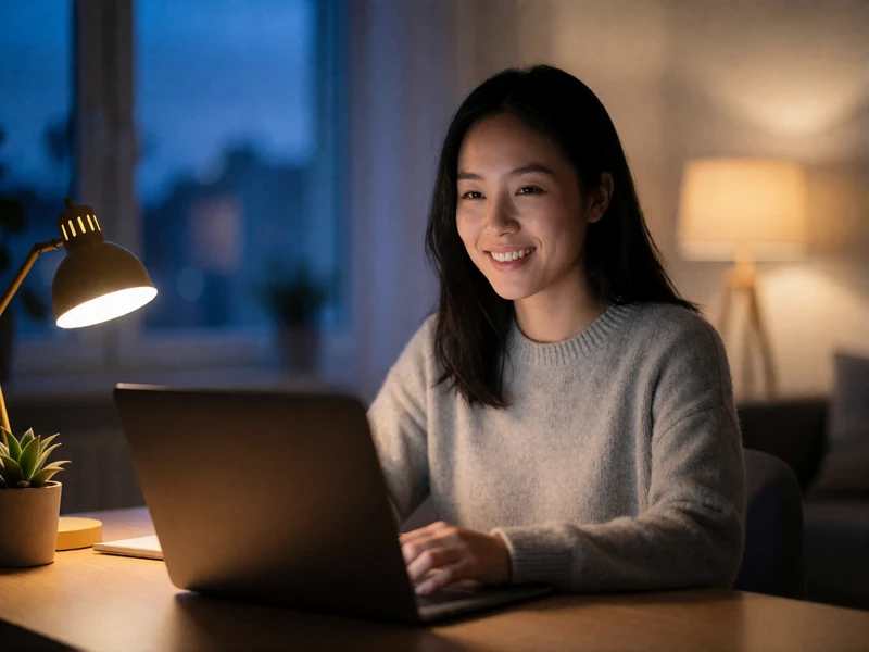 Asian woman in a soft grey sweater smiling toward a laptop at a wooden desk lit by a warm lamp in the evening