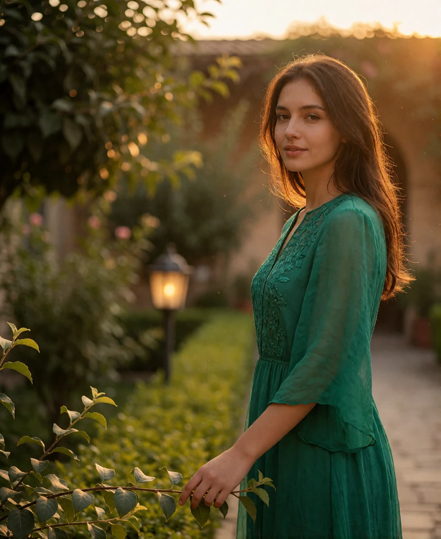 Uzbek woman in her mid twenties in an emerald dress standing in a garden courtyard at dusk - Uzbek women dating profile example