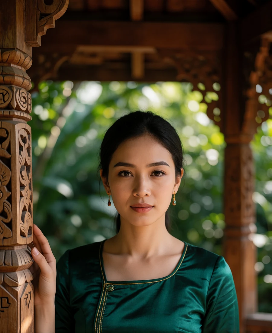 Myanmar woman in her early thirties standing beneath a wooden garden pavilion - Myanmar female dating profile example