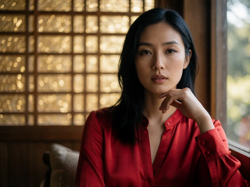 Confident Asian woman in a red silk blouse seated near a window with soft daylight behind her