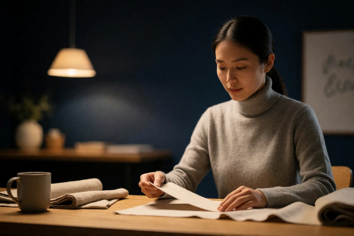 Asian woman in a grey turtleneck reviewing a fabric sample at a wooden desk in a warmly lit studio