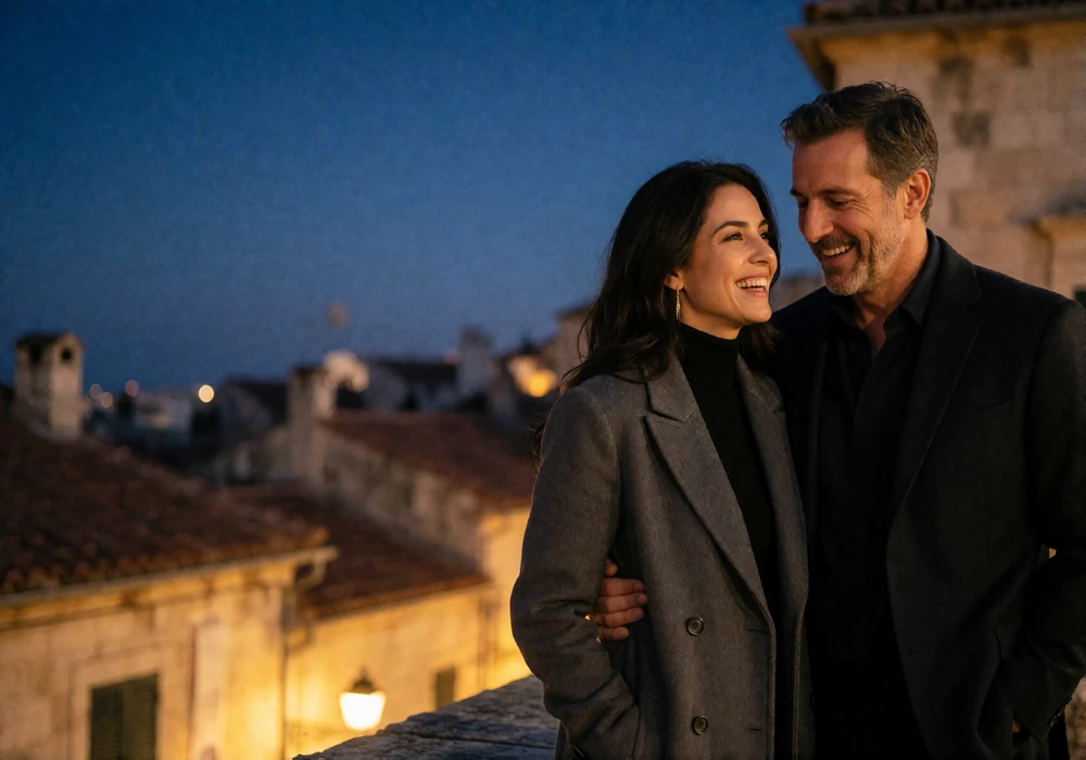 Jordanian woman in a grey coat laughing with her Western partner on a quiet old-town terrace at dusk