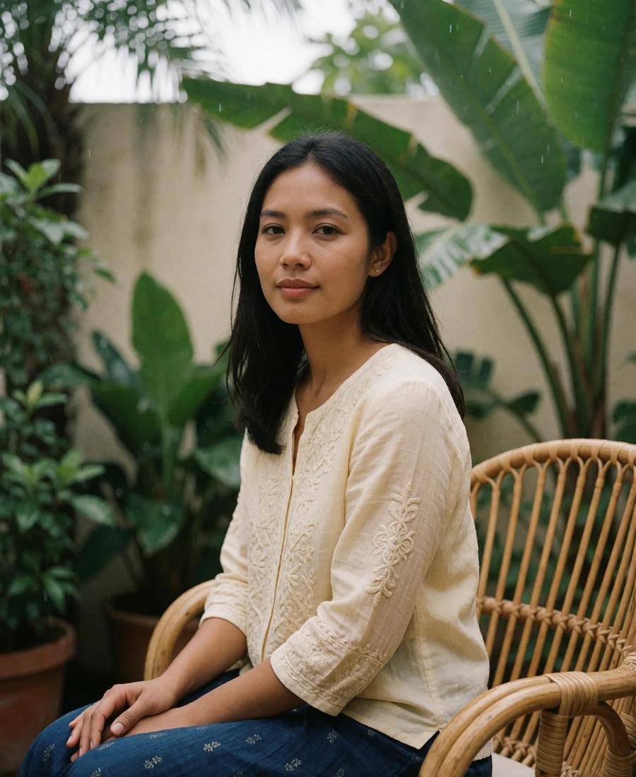Cambodian woman in a cream embroidered blouse seated on a rattan chair on a garden terrace - Cambodian dating site profile example