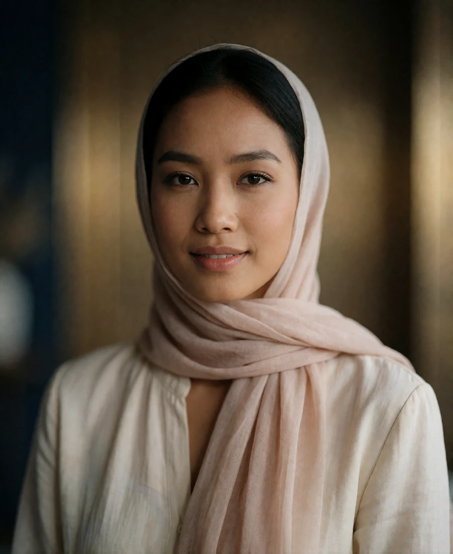 Bruneian woman in her mid twenties wearing a blush headscarf and cream blouse, smiling gently in soft window light - Brunei dating app profile example
