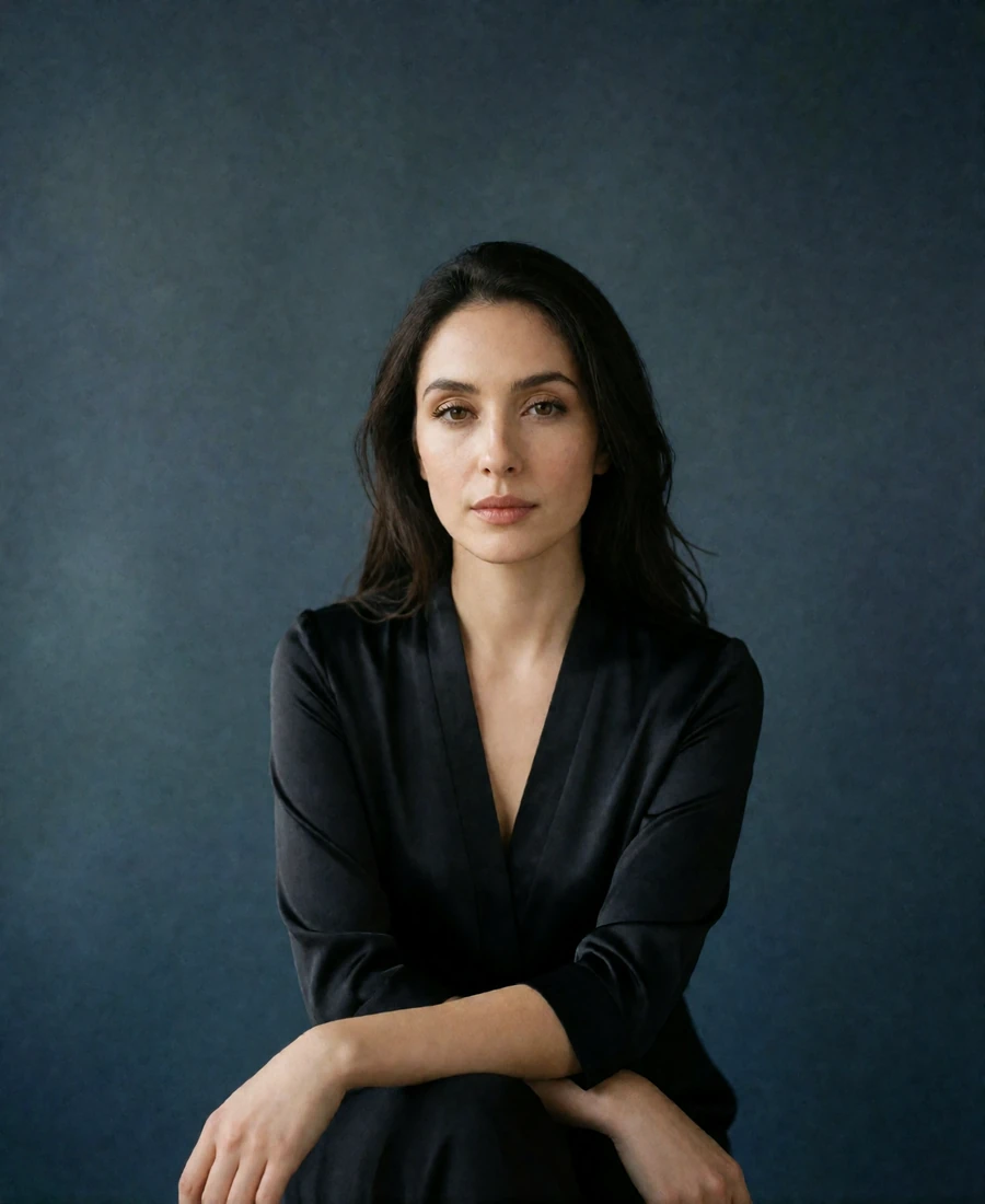 Armenian woman in a black silk blouse photographed against a plain slate-blue backdrop - dating apps asia profile example