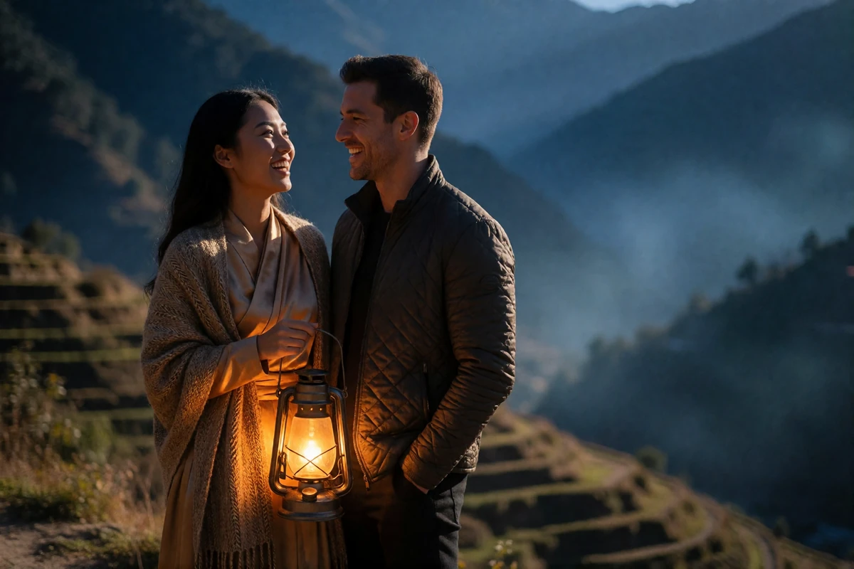 Himalayan Asian woman and her Western partner standing together at a mountain valley viewpoint in golden light