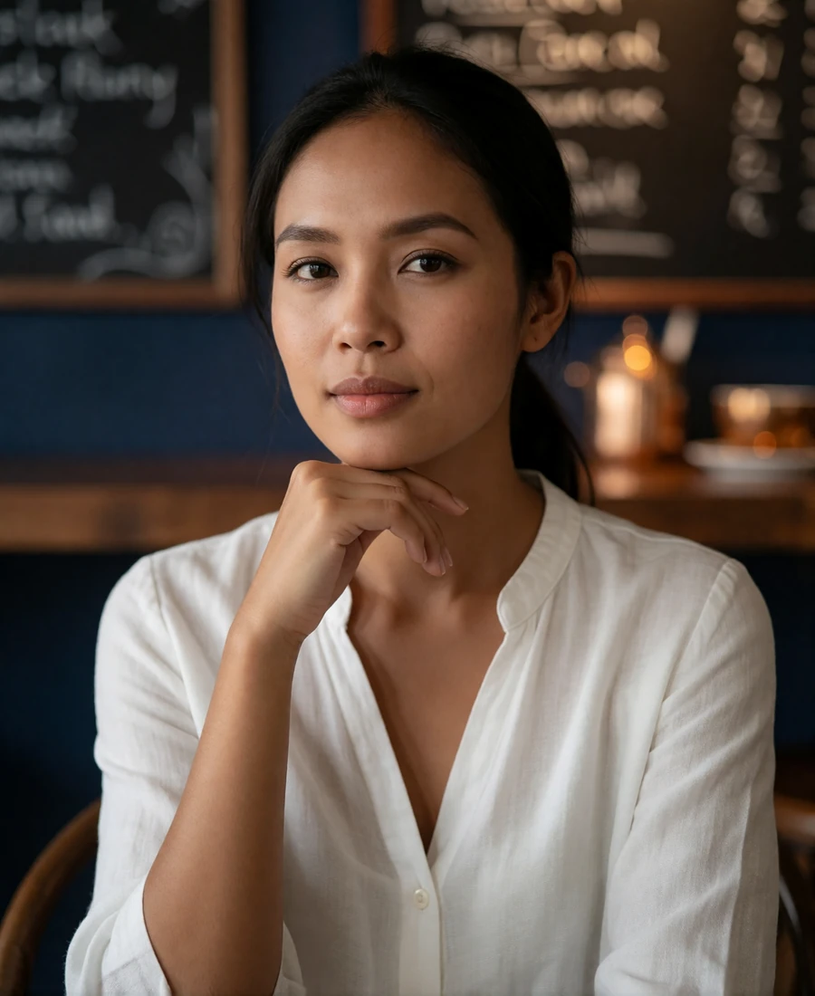 Laotian woman in her late twenties wearing a white linen blouse, resting her chin on her hand with a calm expression - Lao dating app profile example