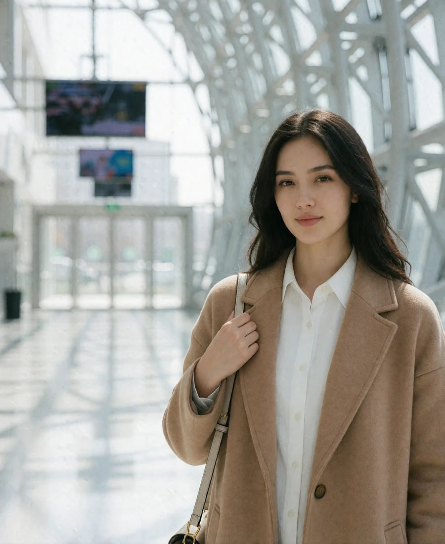 Kazakh woman in her late twenties in a white shirt and camel coat standing in a bright modern glass atrium - Kazakh dating site profile example