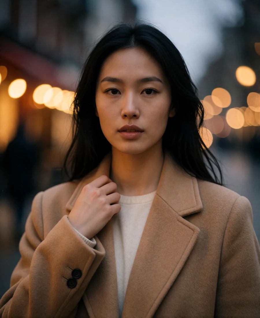 East Asian woman in her late twenties wearing a camel wool coat on a city street at dusk - verified dating profile example