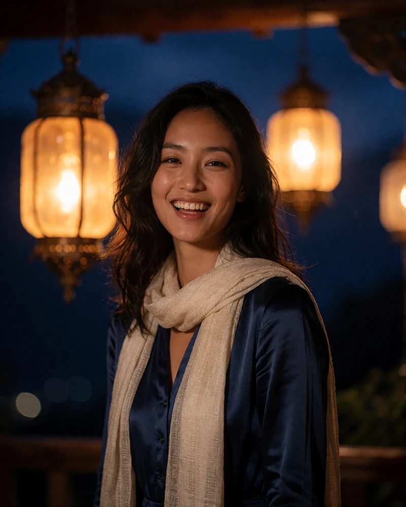 Himalayan Asian woman in her mid twenties in a midnight-blue dress on a lantern-lit terrace at dusk - asian dating woman profile example