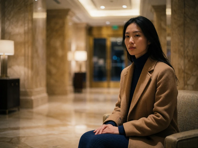 Asian woman in a camel coat sitting calmly in an upscale hotel lobby looking toward the entrance
