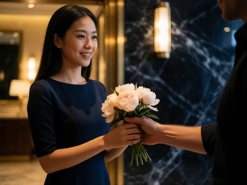 An Asian woman in a navy dress smiling as she accepts a small bouquet of pale peonies in a hotel lobby
