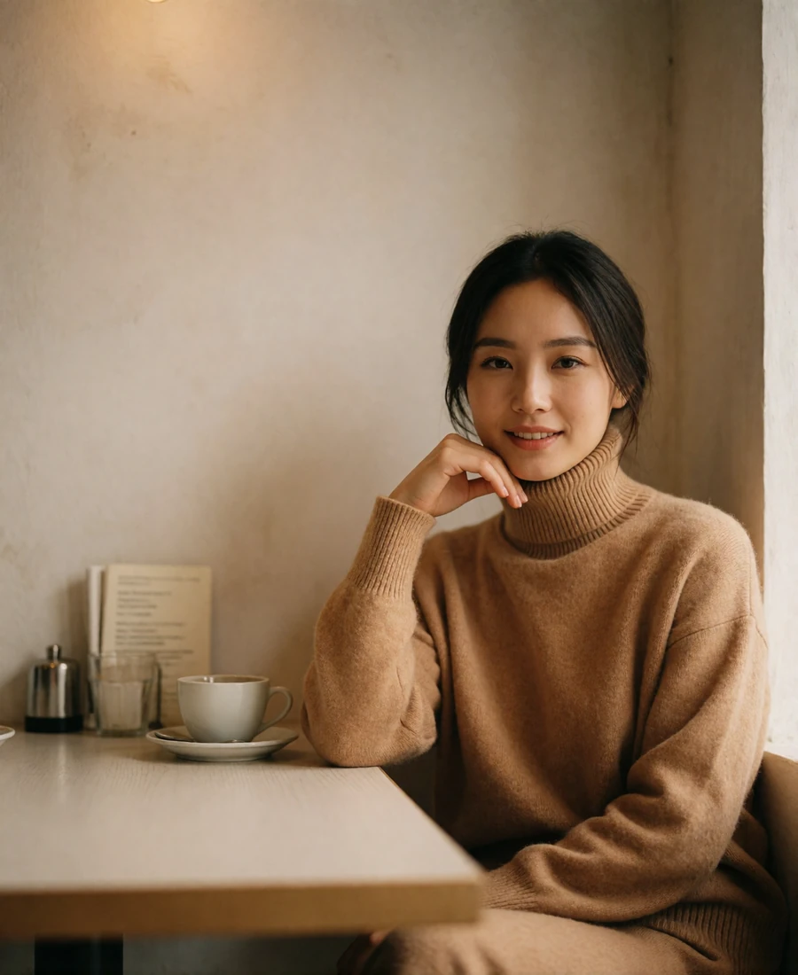 Mongolian woman in her mid twenties seated in a minimalist cafe corner, camel turtleneck, relaxed genuine smile - Mongolian dating site profile example