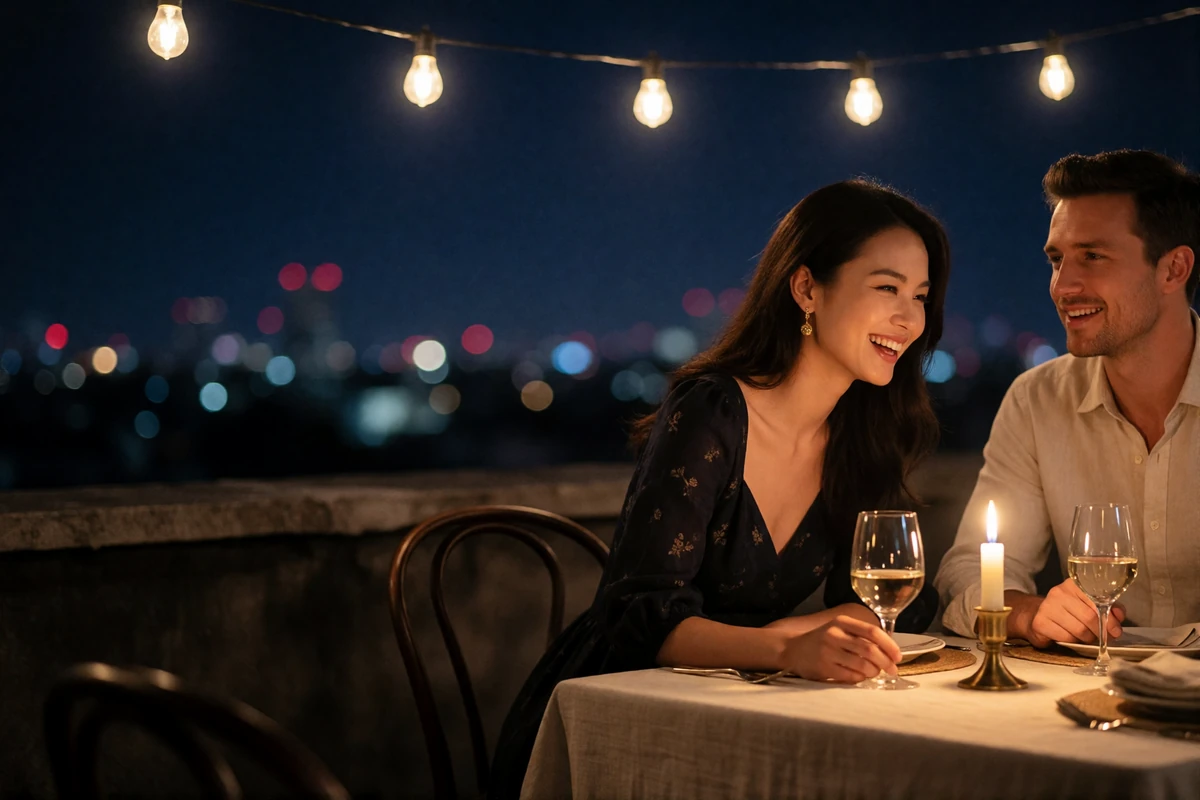 Chinese woman in an elegant dark dress laughing with her Western partner at a candlelit rooftop dinner table