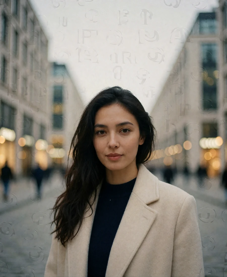 Turkmen woman in her late twenties wearing a cream wool coat on a city boulevard - Turkmen girlfriend profile example