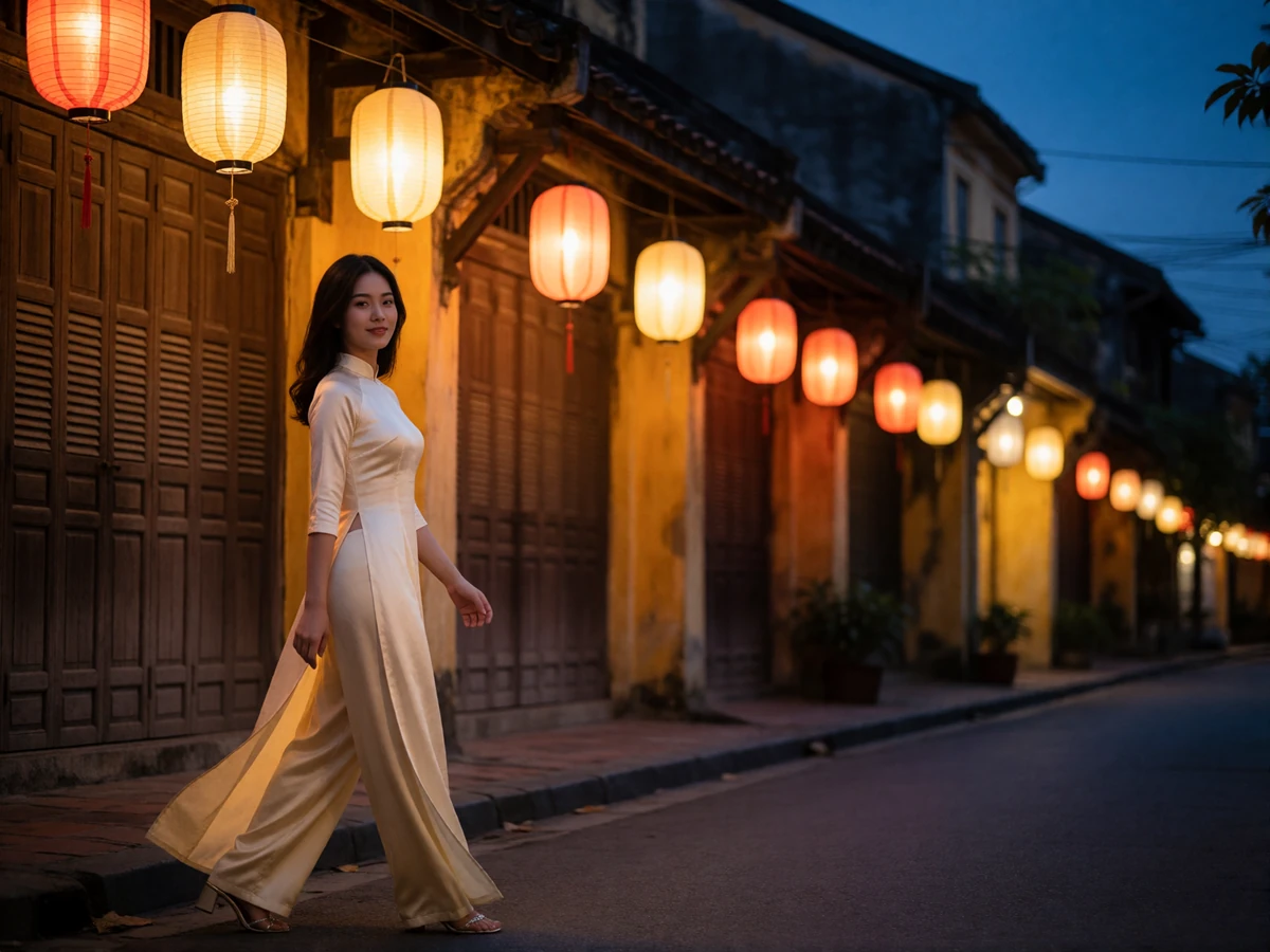 Vietnamese woman in a cream ao dai walking through a lantern-lit old-town street at dusk