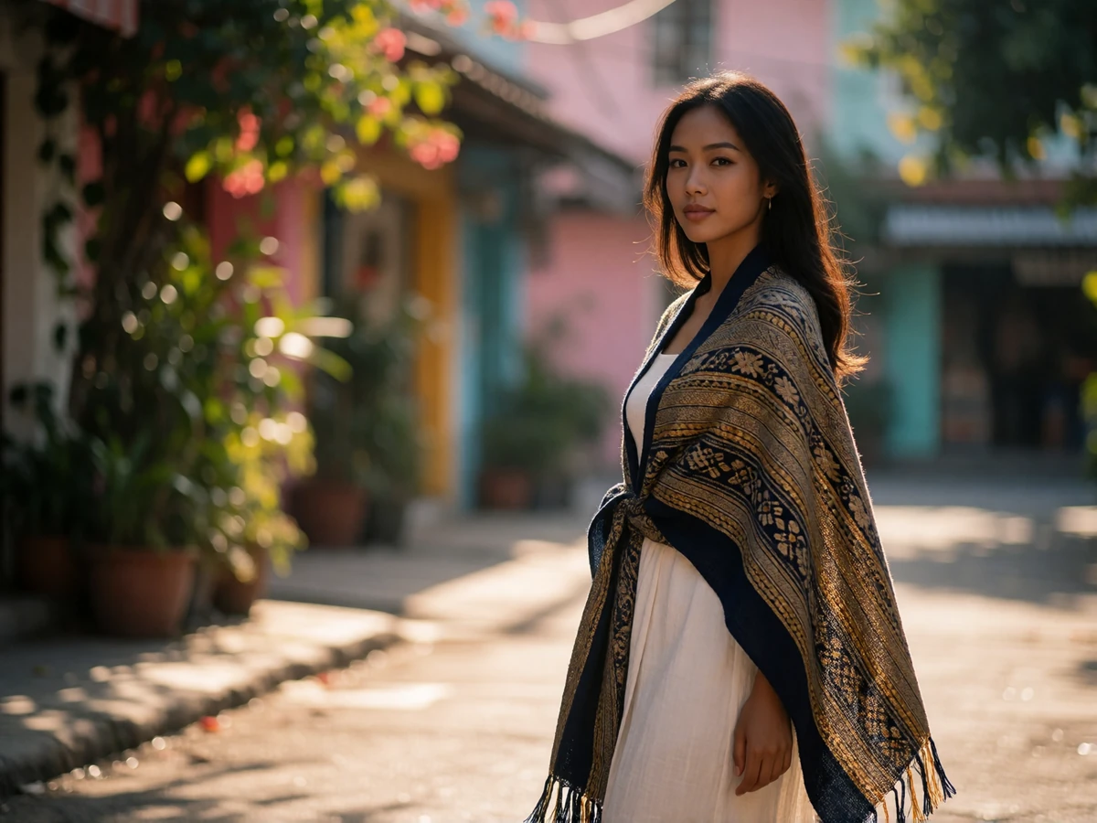 Confident Timorese woman in a woven traditional shawl walking along a sunlit open street lined with blurred pastel buildings
