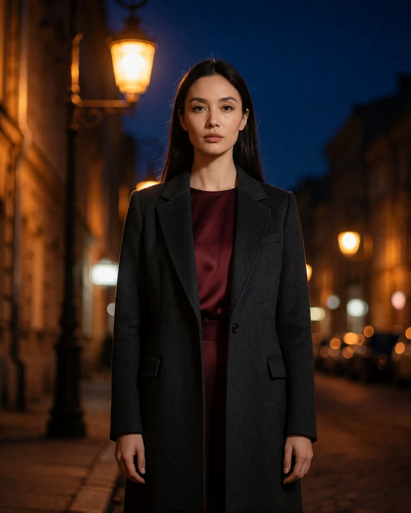 Tajik woman around thirty in a tailored charcoal coat on a city street at blue hour - asian dating woman profile example