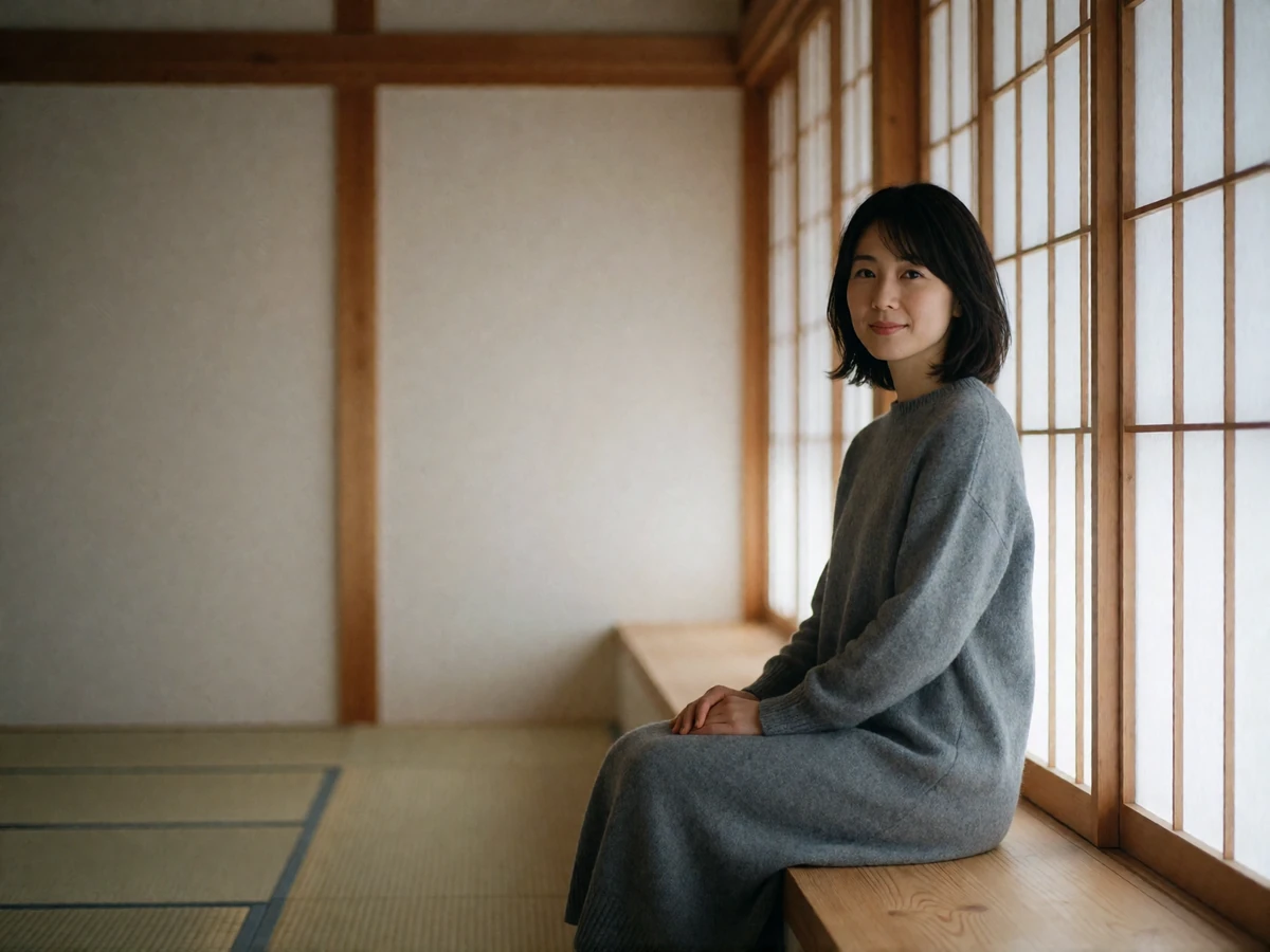 Japanese woman in her early thirties sitting calmly in a minimalist modern interior with wooden beams and translucent paper screens