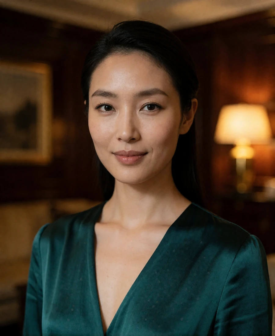 East Asian woman in her early thirties wearing an emerald silk dress in a warmly lit lounge - verified dating profile example