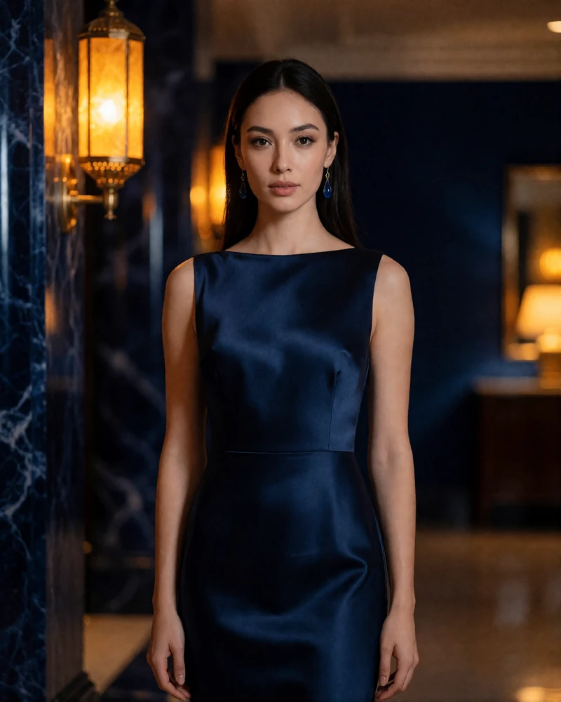 Kyrgyz woman in her late twenties in a midnight-blue satin dress in a hotel lobby - Kyrgyz dating site profile example