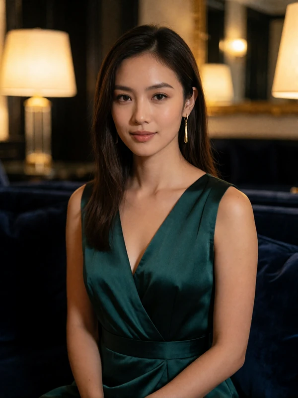 Elegant Thai woman in an emerald silk dress seated in a luxury hotel lounge - Thai dating profile example