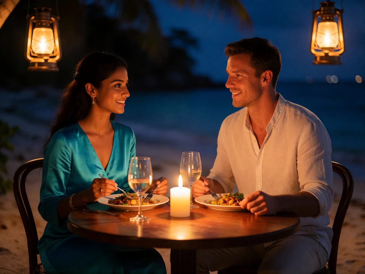 Maldivian woman in a turquoise silk dress sharing a candlelit beach dinner with her partner at dusk
