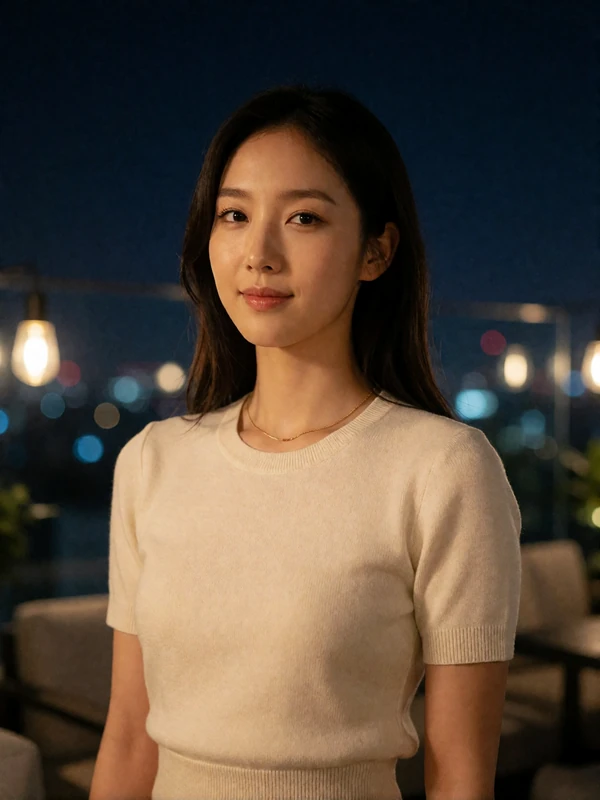 Poised Korean woman in a cream knit top on a rooftop lounge at night - Korean dating profile example