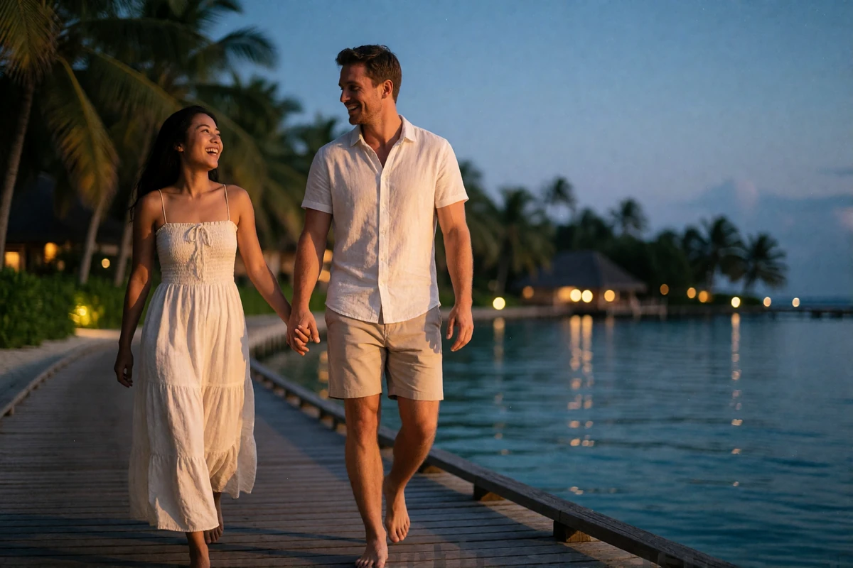 Filipina woman laughing while walking hand in hand with her Western partner along a wooden boardwalk beside calm tropical water