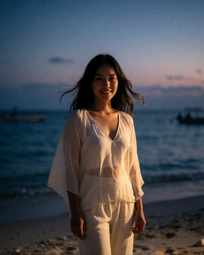 Filipina woman in her late twenties in a light blouse standing on a quiet beach at sunset