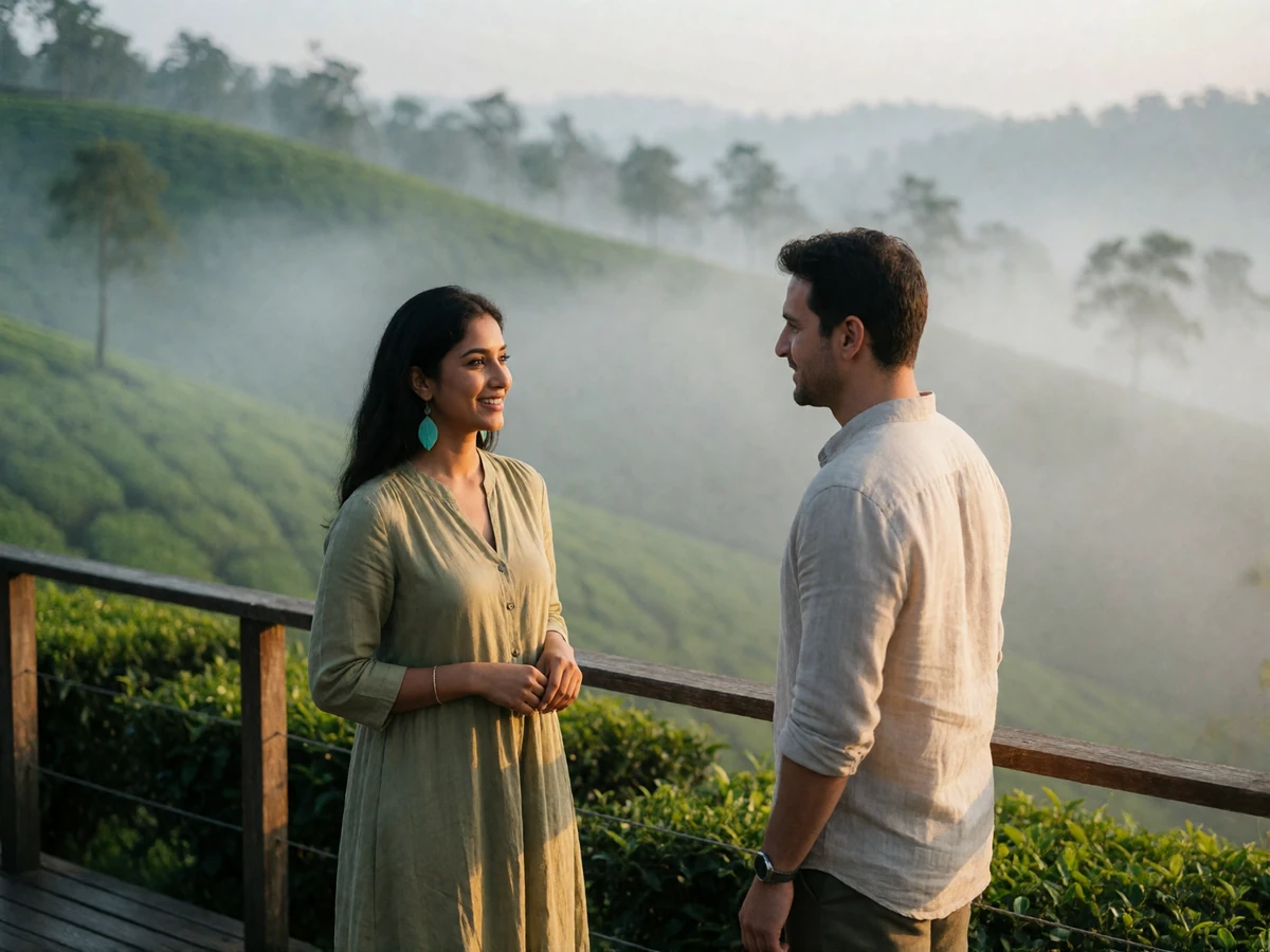 Sri Lankan woman and her Western partner talking on a wooden viewing deck above misty tea-covered hills