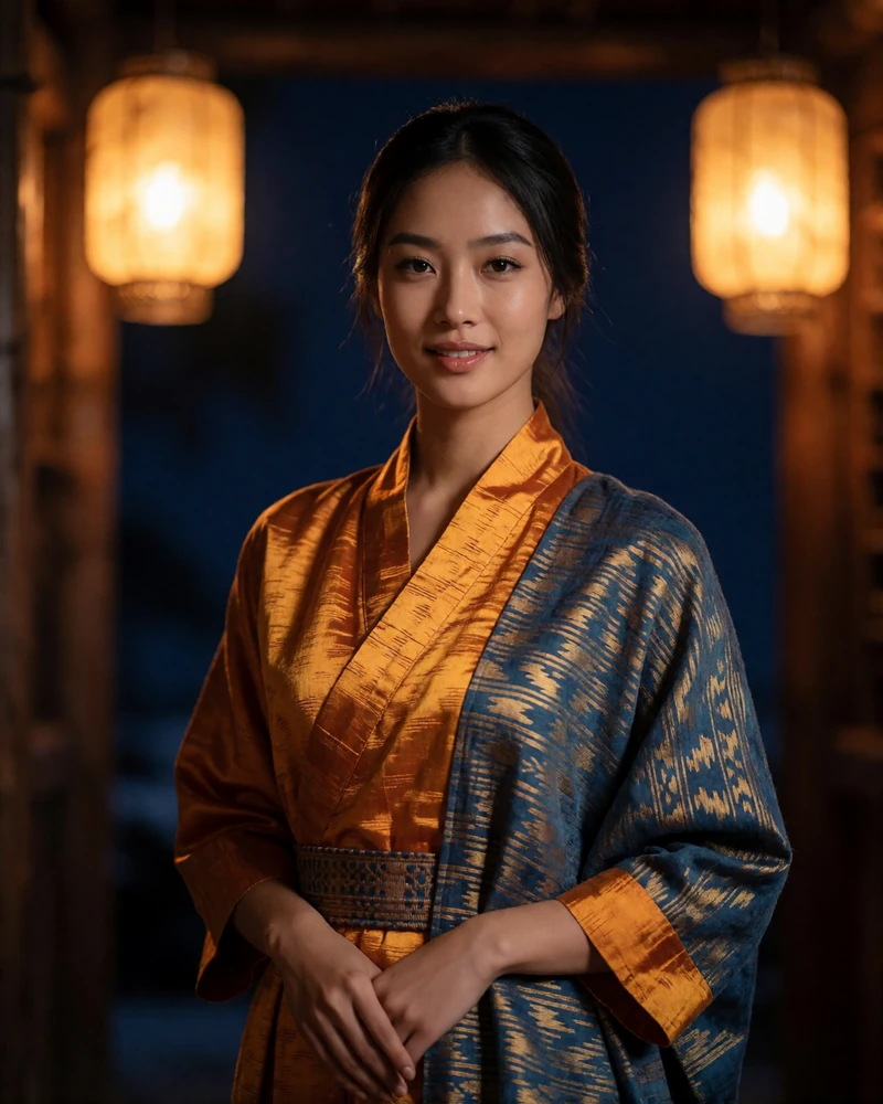 Himalayan Asian woman in her mid twenties wearing a hand-woven saffron and indigo wrap dress in warm lantern light - Bhutanese dating profile example