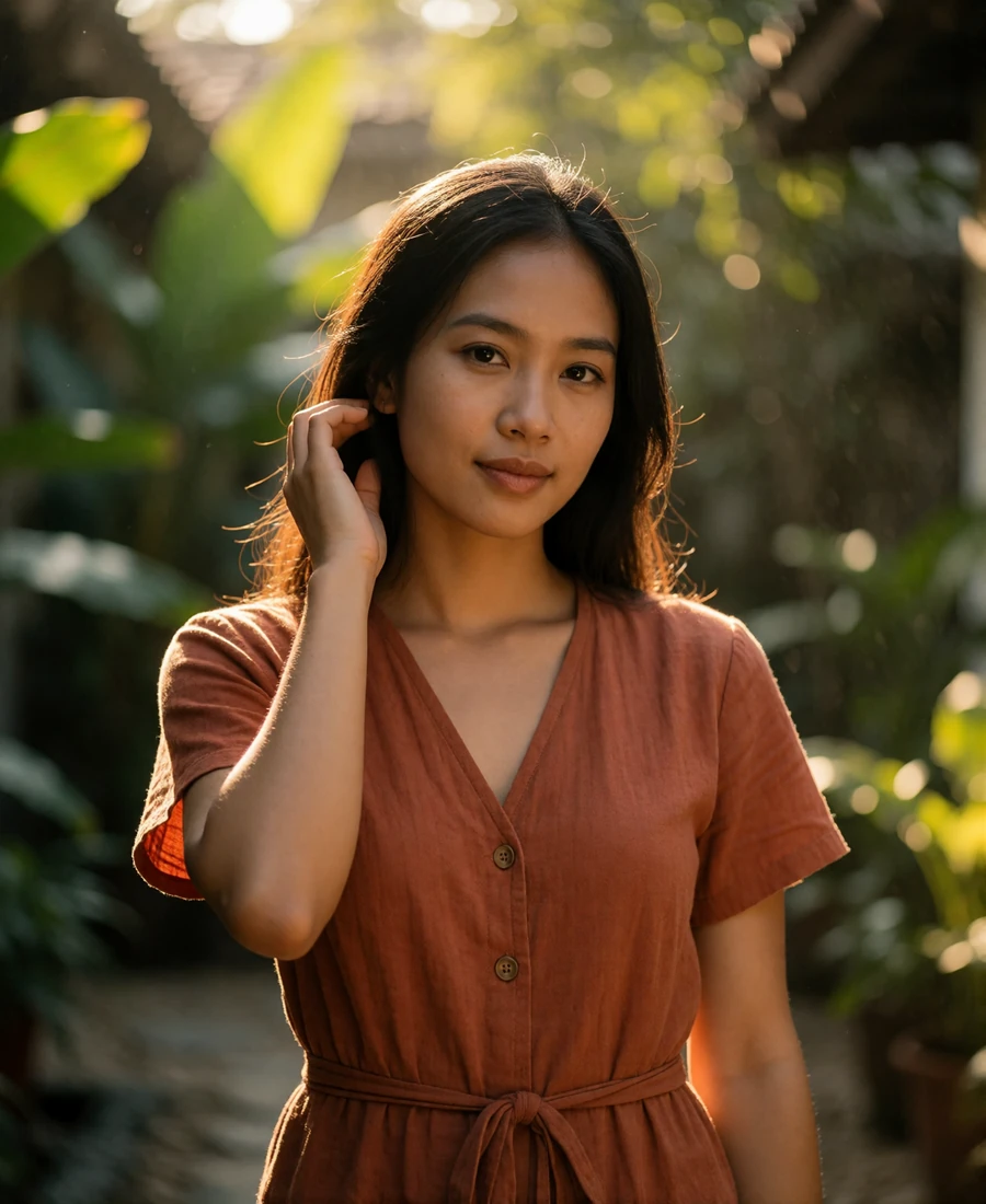 Laotian woman in her early thirties wearing a terracotta cotton dress, tucking hair behind her ear in golden hour light - dating apps for asian profile example