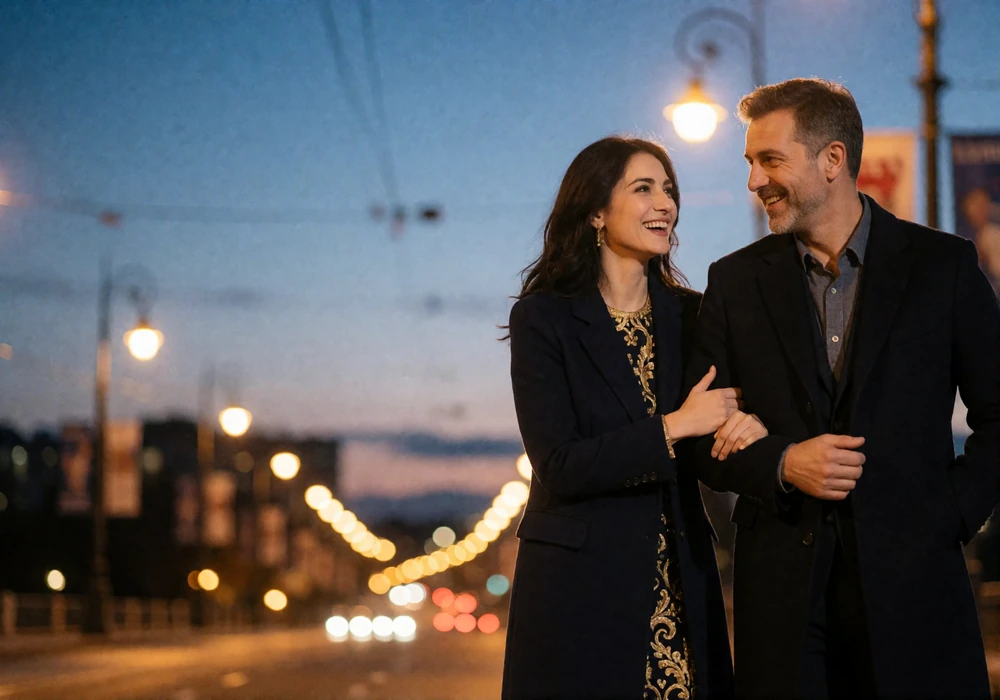 Armenian woman and her Western partner standing close together on a city bridge at blue hour