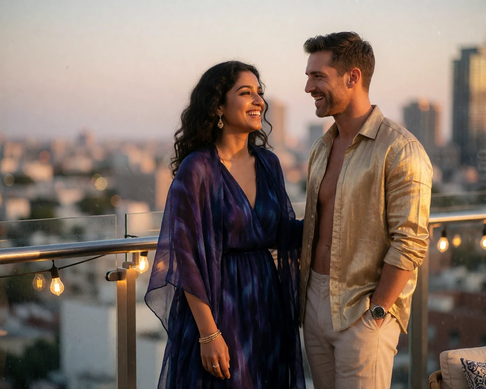 An Indian woman and her Western partner sharing a relaxed laugh on an upscale rooftop lounge overlooking a city skyline at golden hour