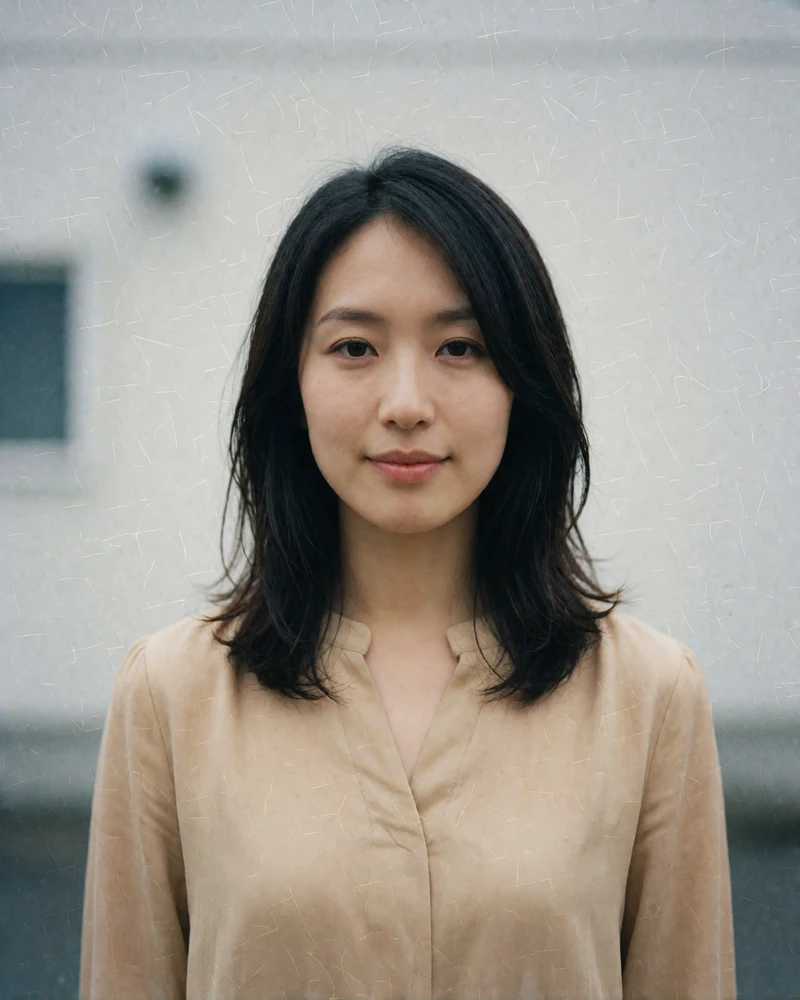 Japanese woman in her mid twenties in a beige blouse photographed in soft overcast daylight - Japanese dating profile example