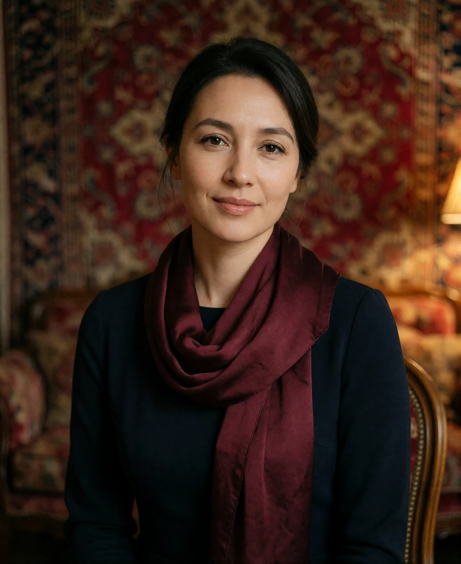 Turkmen woman in her early thirties wearing a burgundy silk scarf in a warm lamplit interior - Turkmen dating site profile example