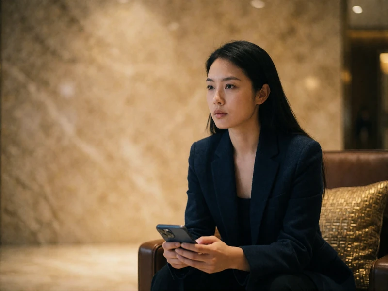 Asian woman in a dark blazer looking thoughtfully at her phone while seated in an upscale hotel lobby armchair