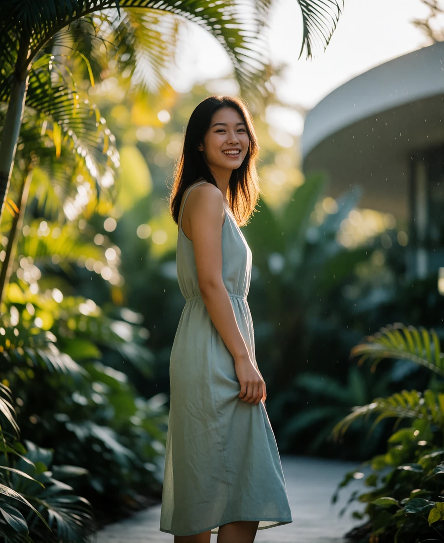 Asian woman in a sage midi dress laughing in a lush tropical garden setting - Singapore women dating profile example