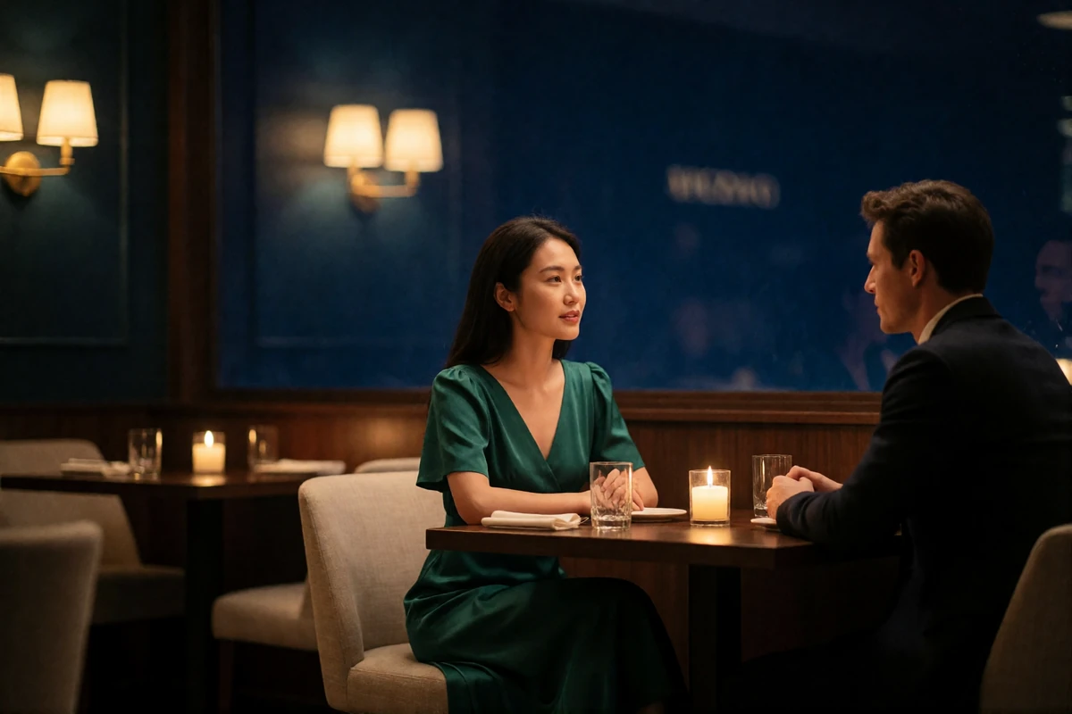 An Asian woman in an emerald dress and a man in a dark jacket in relaxed conversation at a candlelit restaurant table