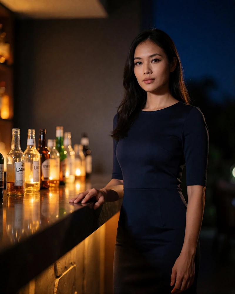 Filipina woman in her early thirties in a navy dress standing near a warmly lit hotel bar counter
