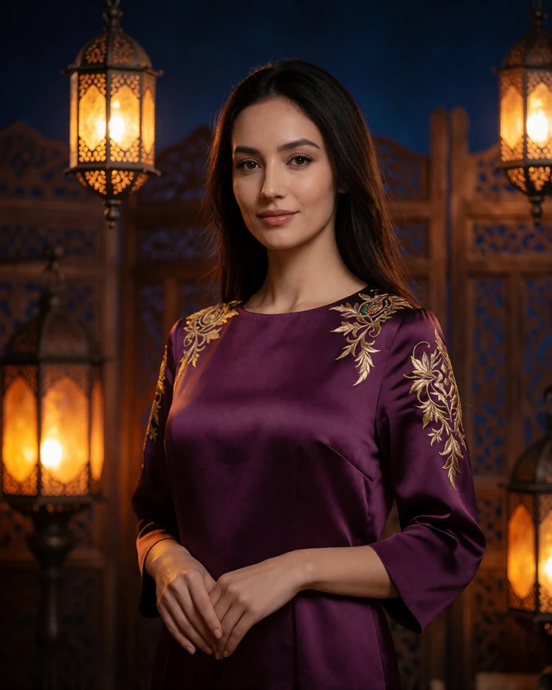 Tajik woman in her mid twenties wearing a plum silk dress with gold embroidery, photographed indoors under warm lamp light - Tajik dating profile example