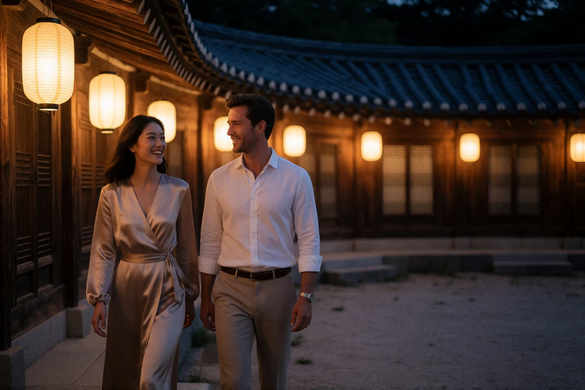 South Korean woman walking beside her Western partner through a lantern-lit traditional hanok courtyard at dusk