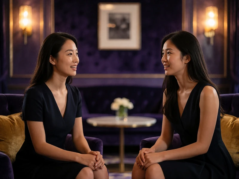 Two Asian women in elegant dark dresses mid-conversation in a warmly lit hotel lounge