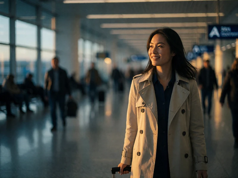 An Asian woman in a light trench coat walking through an airport arrivals hall with an anticipatory smile
