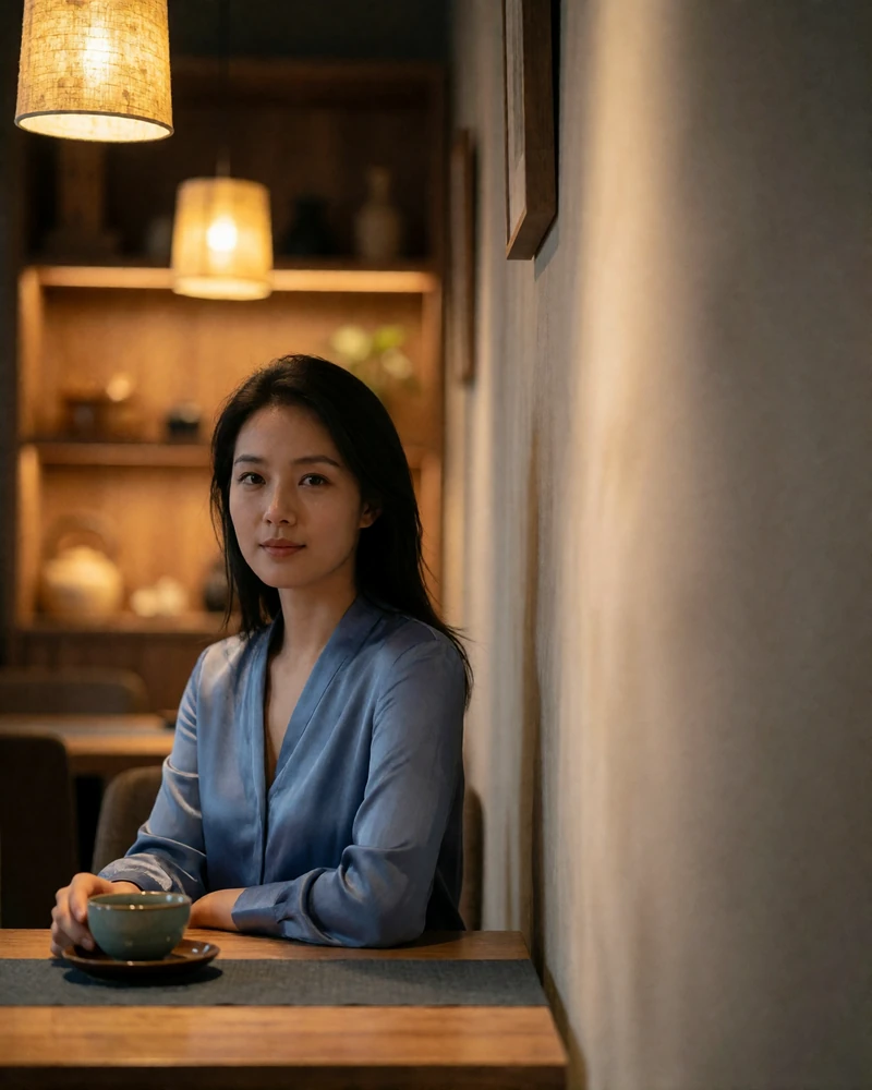 Chinese woman in her early thirties in a blue silk blouse seated at a modern tea house table - China girlfriend profile example