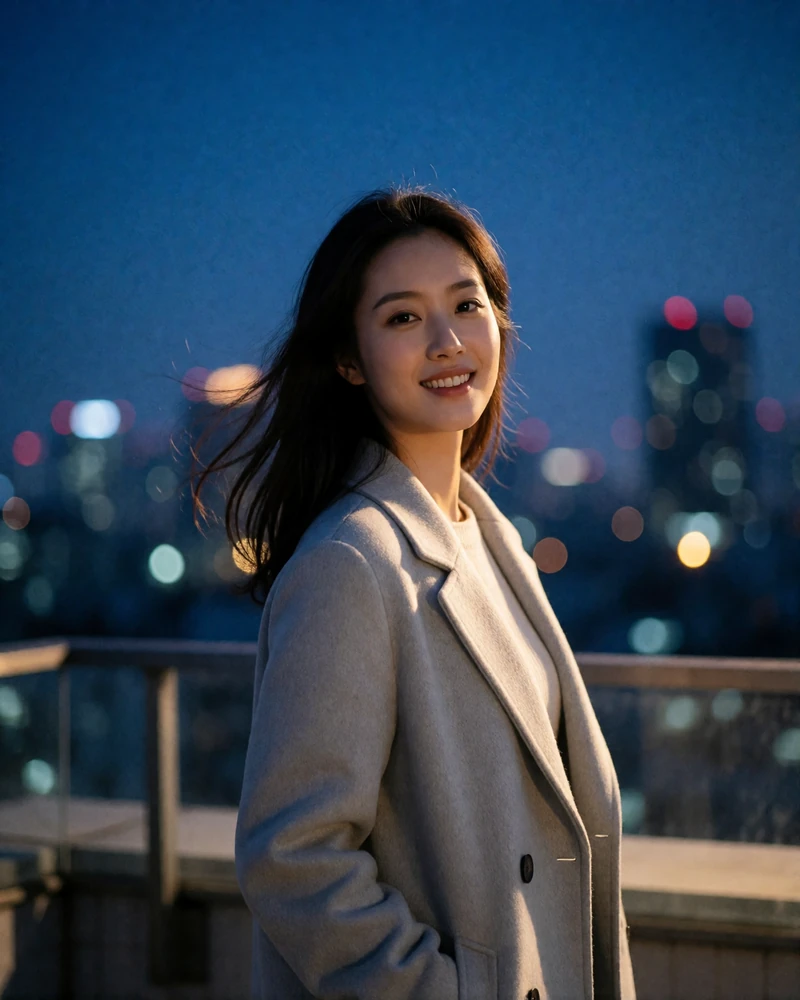 Chinese woman in her mid twenties in a light grey coat standing on a city terrace at dusk - China Cupid dating profile example