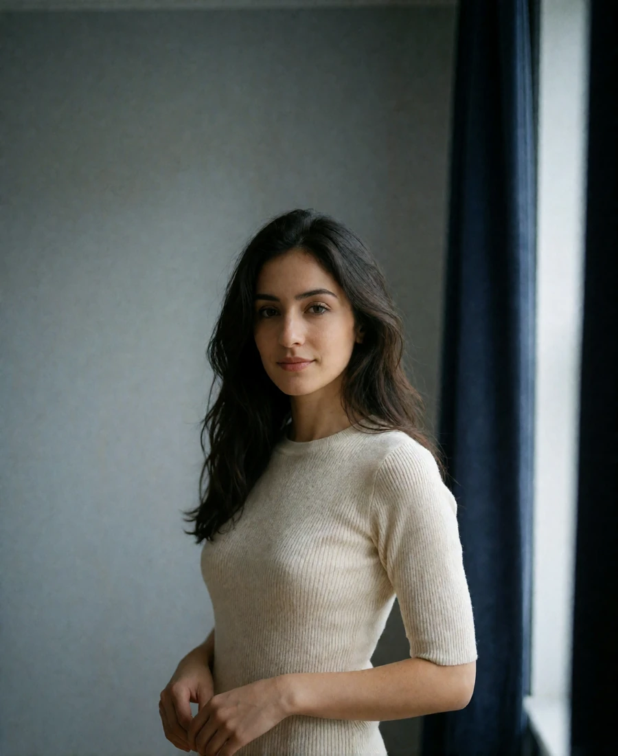 Armenian woman in her late twenties in a cream knit top standing near a window in soft daylight - Armenian dating profile example