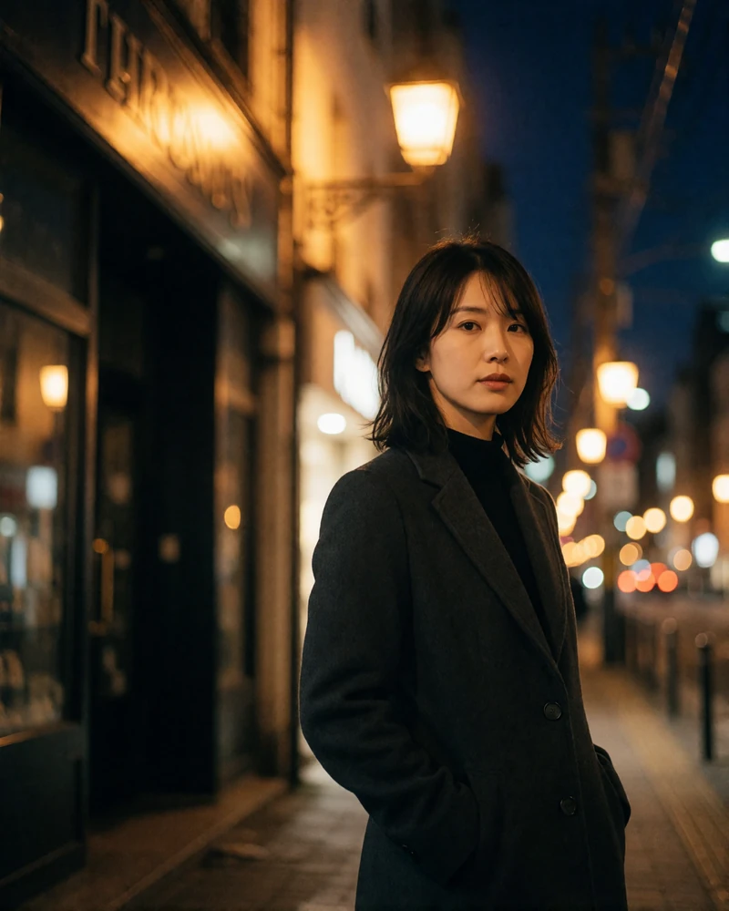 Japanese woman in her late twenties in a dark tailored coat on a quiet city street at night - Japanese girlfriend profile example